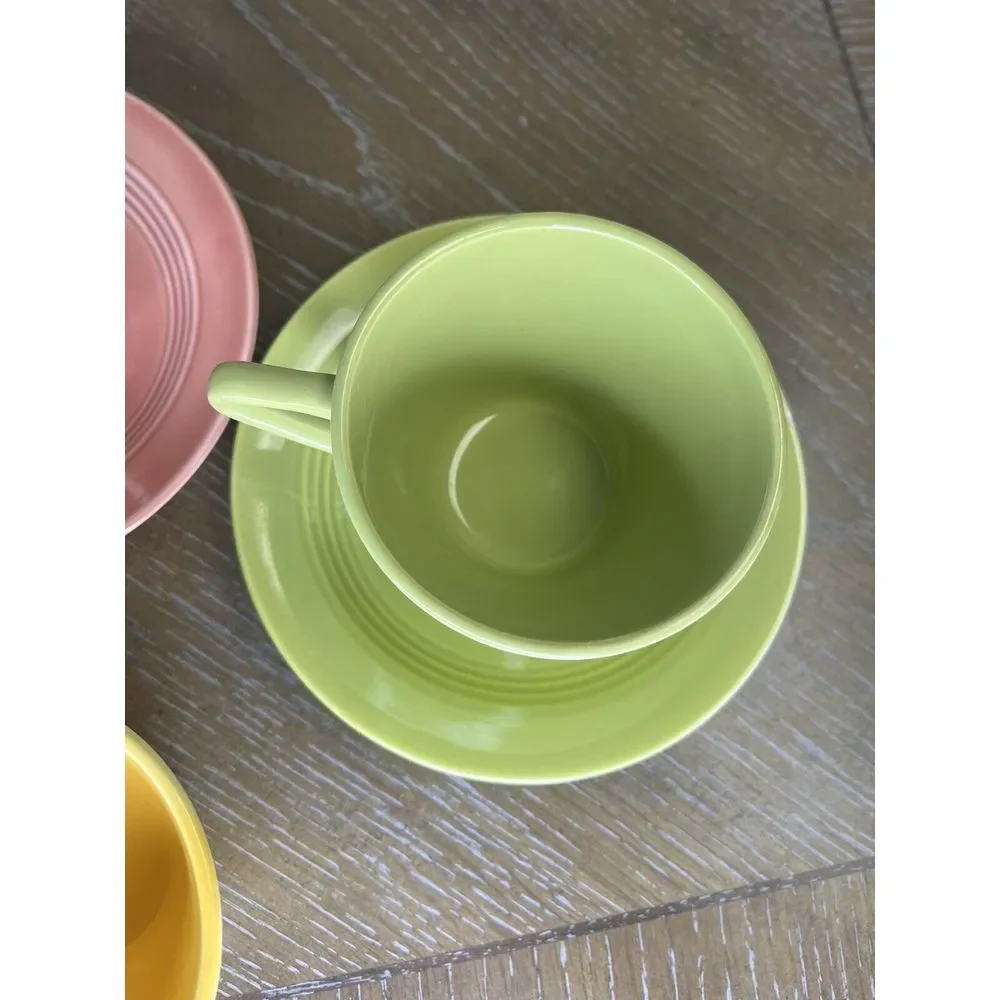 Homer Laughlin China - Harlequin 4 Cups 3‎ Saucers - Chartreuse Yellow Blue Rose